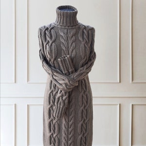 100% Merino Wool Cable Knit Turtleneck Sweater Dress - Handmade Knitted Sweater Dress