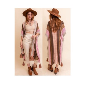 Bohemian Gypsy Chunky Crochet Knit Tassel Ruana Wrap Kimono Shawl Cardigan Sweater Tunic Poncho Pink Brown Multicolor