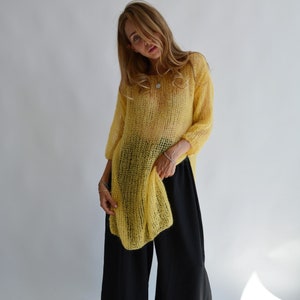 Yellow mohair tunic Handknit tunic sweater Maxi tunic with splits Sheer sweater tunic Long asymmetric sweater Oversized tunic sweaters