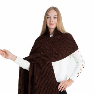 Dark Brown Oversize Extra Long Chunky Scarf, Unisex Winter Hand Knitted Shawl, Women Blanket Scarf, Soft Ribbed Shoulder Wrap Christmas Gift