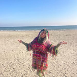Bohemian hand knitted chunky hooded dress in size L/XL boho chic dress hand made one of a kind woman long sweater art to wear dress wearable