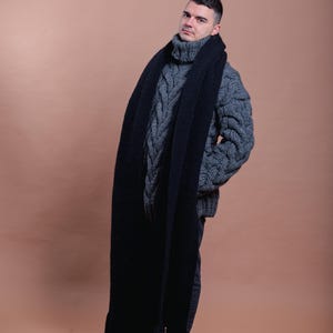 Ready Black Huge Men’s Wool Knit Scarf, Oversized Chunky Wrap ,Warm Handmade Winter Shawl