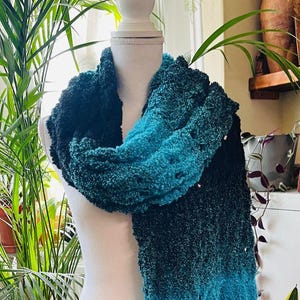 Fashionable stylish big long shawl turquoise-black colors neck shoulders wrap chunky hand loose knit fringed shawl/Gift for Her
