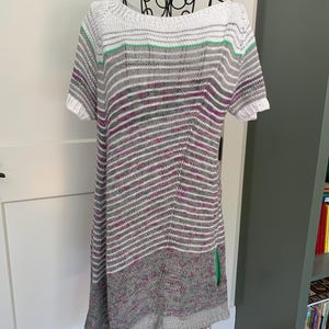Hand Knit Cotton Sweater Tunic or Dress - Short sleeves - A-line Swing shape - One of a Kind - Ladies L - gray white stripes