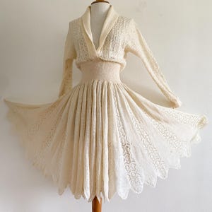 Rare Vintage 1950s Hand Made Wool Knitted Lace Swing Dress Cream XS S